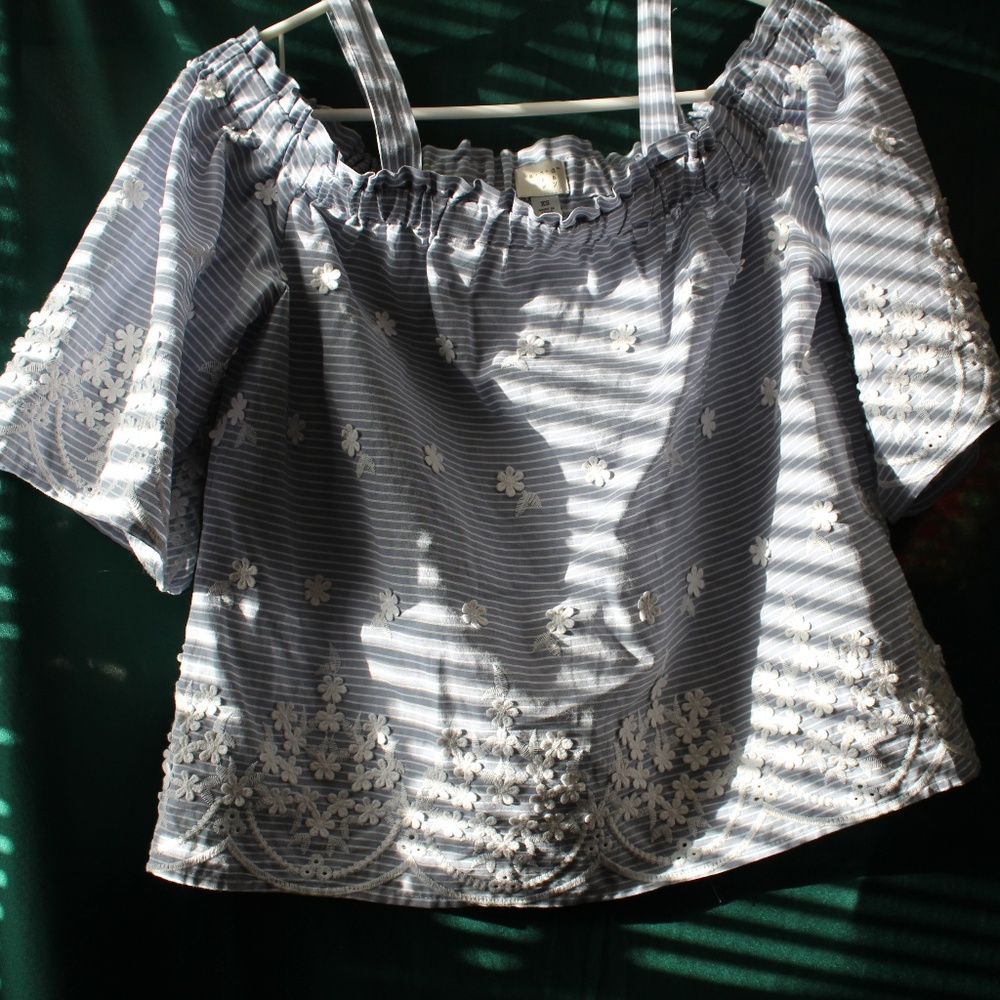 White & Blue Striped Blouse w/ Embroidered Flowers